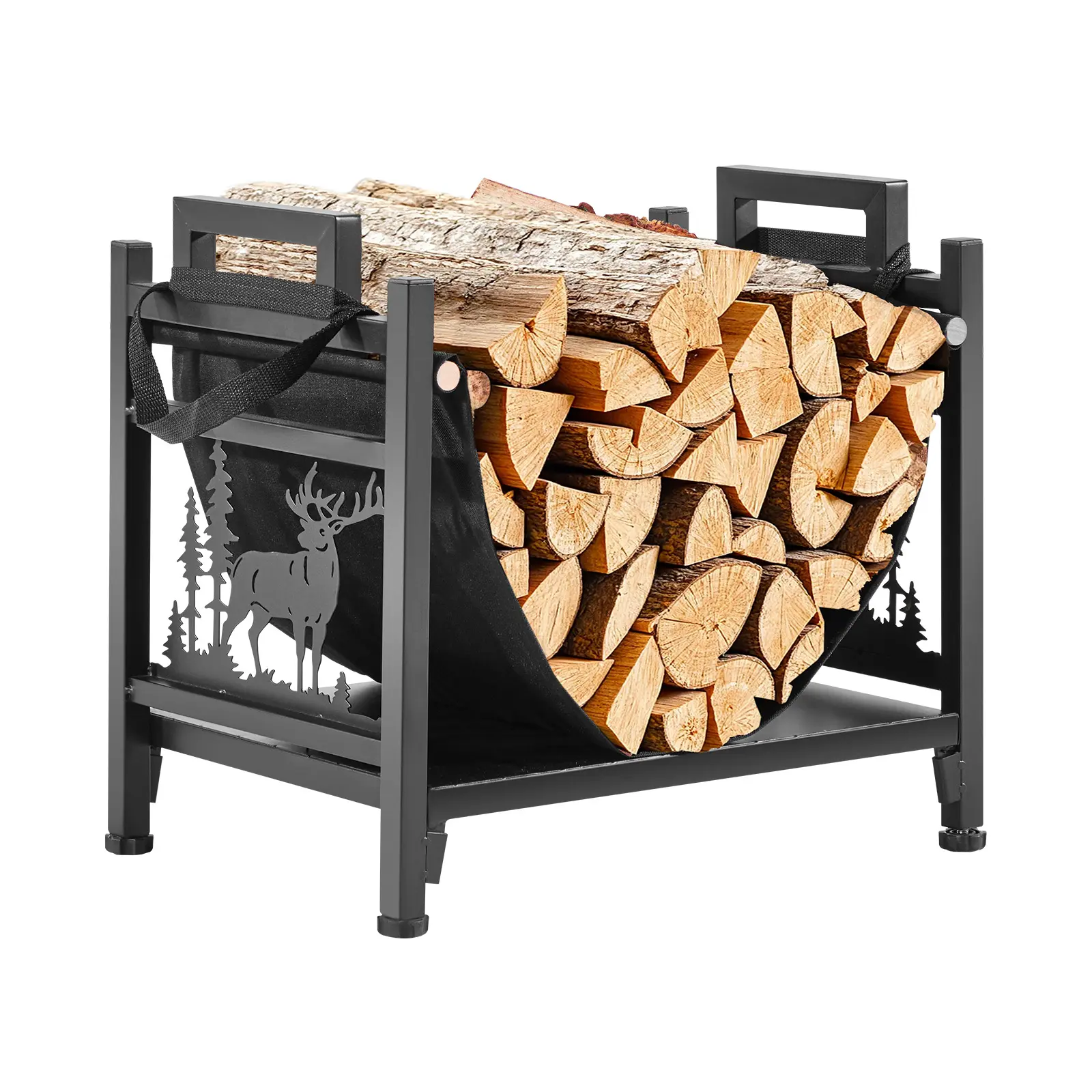 【SummerFinds】VEVOR Indoor Firewood Rack, 1.5 ft Curved Log Holder with Canvas Carrier, 40lb Weight Capacity Wood Storage Stand, Powder-Coated Steel Firewood Holder, Heavy Duty Wood Pile Stacker Rack for Fireplace, Freestanding Firewood Racks