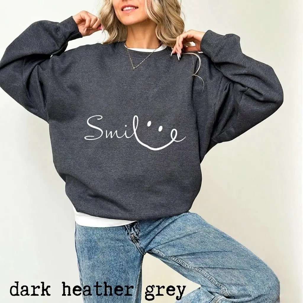Gildan Women's Essential Smile Letter Print Longsleeves Sweatshirt - Oversized Casual Crewneck Pullover, Smooth Soft Cotton-Blend Fabric, Ribbed Spandex Details, Retro Vibe, Pill Resistant Women's Tops