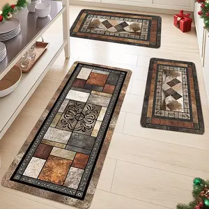 JIT 2/3 pieces kitchen flannel marble mosaic art pattern decorative carpet for kitchen, kitchen carpet set, flannel bedside set floor mat, non-slip washable soft carpet suitable for kitchen, laundry room, corridor floor running pad carpet