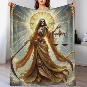 Gilded Santa Muerte with Scales of Justice Flannel Blanket, Faithful La Santa Muerte Blanket , Day of the Dead Art Print , Soft Cozy Lightweight Warm, Suit for Religious Home Decor, Living Room,Bedroom, Sofa, Travel, Perfect Gift for Birthday