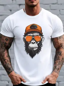 Men's Monkey Print T-Shirt - Monkey-Themed Short Sleeve Round Neck Casual Top, Breathable Summer Shirt Suitable for Outdoor & Casual Attire, Machine Washable Solid Color Base with Monkey