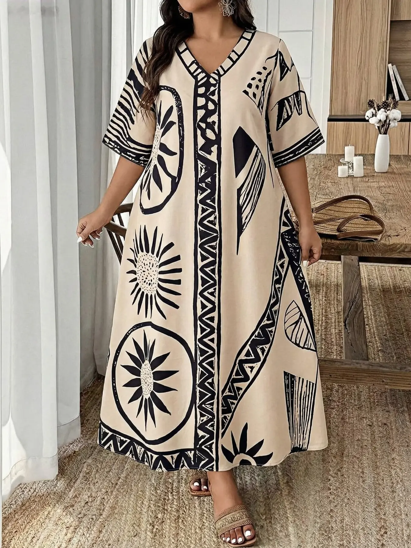 Plus Size Women's Casual Fashion Short Sleeve V-Neck Bohemian Geometric Dress, Emery Rose Clothing, Comfortable, Stylish and Elegance Daily Wear, Suitable for Various Occasions, Casual Boho Sundress