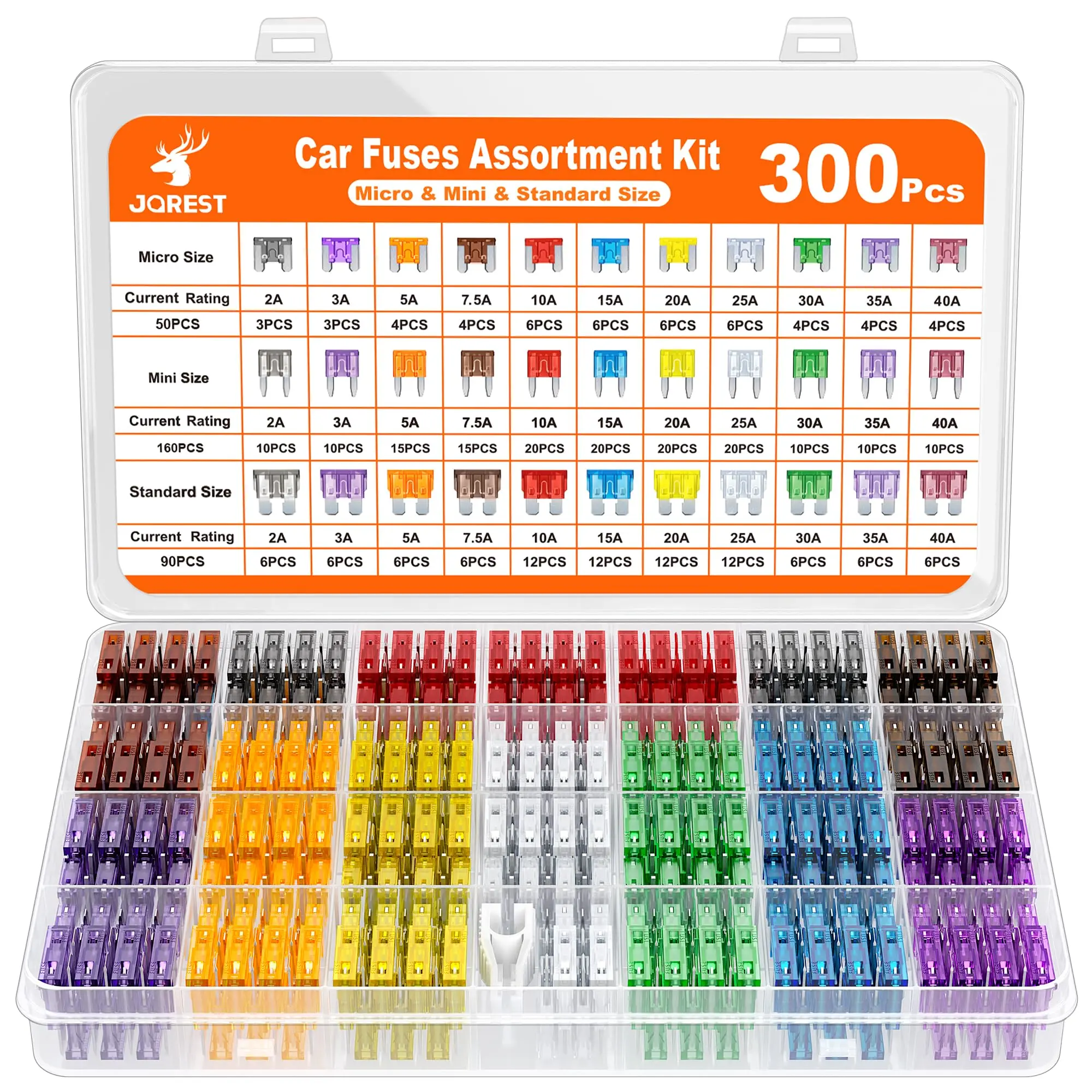 Summerfinds JOREST 300Pcs Plastic Automotive Fuse Assortment Kit - 160 Mini, 90 Standard, 50 Micro Blade Fuses (2A-40A, 30A Included, 11 Specs) with Puller for Car, SUV, Truck, Boat, Motorcycle