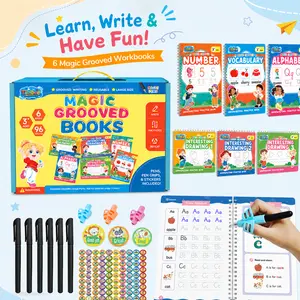 Tibibee 6 Magic Groove Writing Practice Book Set for Kids Ages 3+, Reusable Grooved Handwriting Workbooks with 96 Activities, Alphabet, Numbers, Vocabulary & Drawing Practice, Disappearing Ink Pens, Pen Grips, Stickers & Gift Box