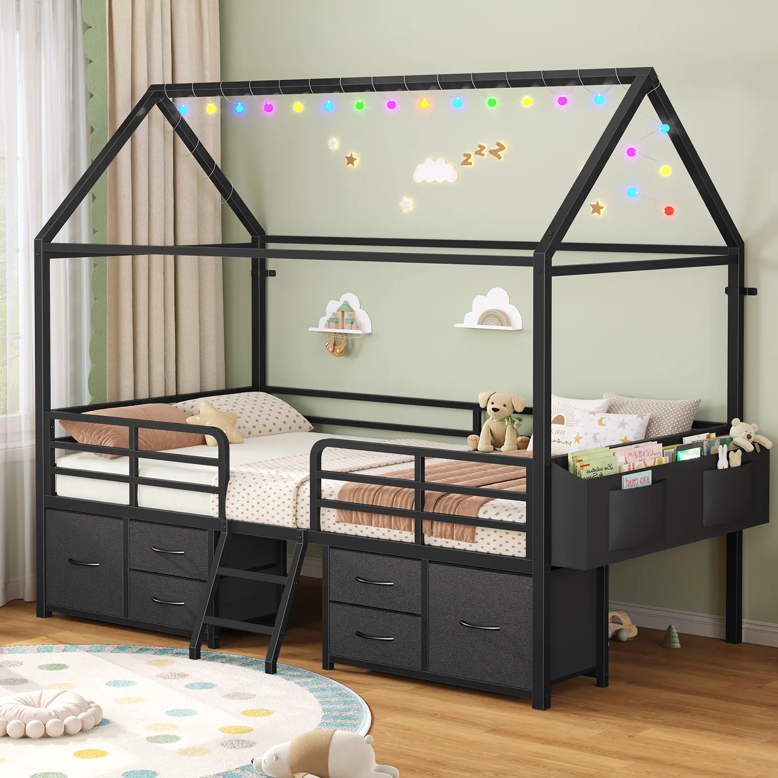 ADORNEVE Twin Size Bed Frame with 6 Drawers,House Bed with Globe String Lights Plug in,Metal Kids Bed with Safety Guardrail & Inclined Ladder,No Box Sping Needed,dorm essentials,home decor