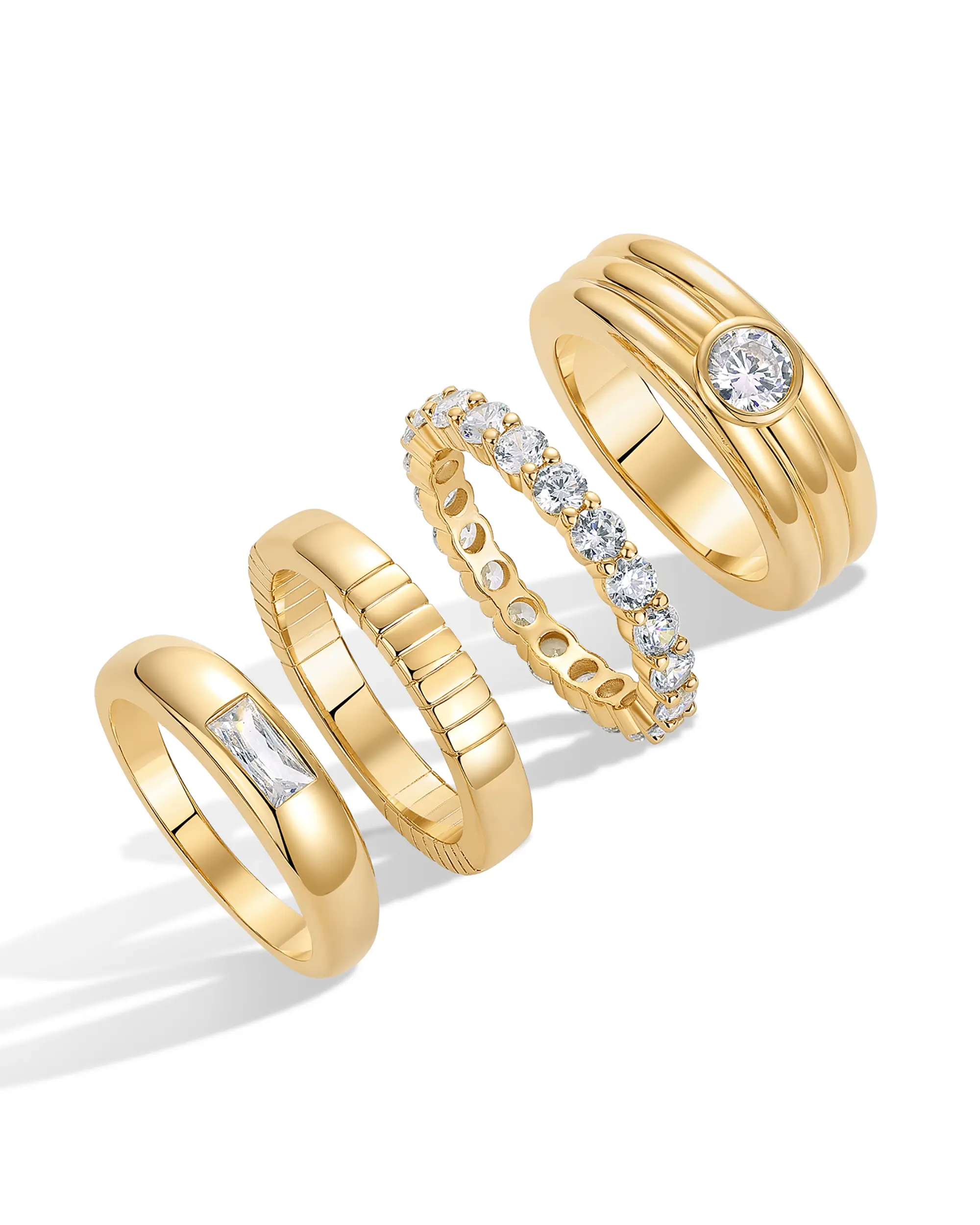 PAVOI 14K Gold Plated Stackable Rings for Women - Dainty Pack of Four Stackable Gold Ring with Cubic Zirconia - Multi-Bands Trendy Jewelry Set