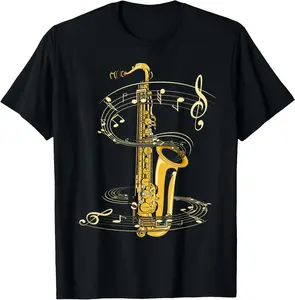Women's 100% Cotton Round Neck Short-Sleeve Fabric Top - Breathable, Comfortable, Lightweight Casual T-Shirt with Music Notes, Treble Clef, Saxophonist Jazz Musician Designs