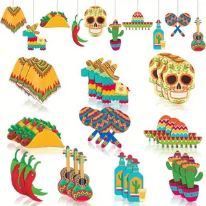 10 Piece Mexican Carnival Wooden Decorations, Mexico Theme Holiday Party Decor, Festive Wood Ornaments for Celebrations