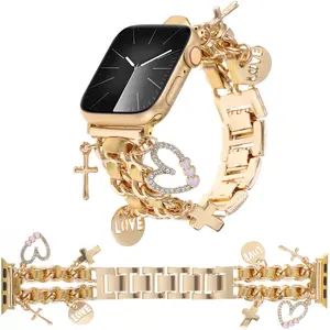 Stylish Metal Bands Compatible for Apple Watch Band 49/46/45/44/42mm 41/40/38mm Women,Cuban Chain Band with Cute Pendants Love Cross Charms Strap for iWatch Series 10 9 8 7 6 5 4 3 2 SE Ultra 2