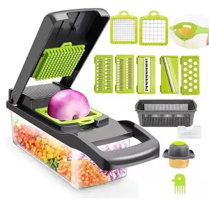 14 in 1 Multifunctional Vegetable Chopper Onion Chopper Handle Food Grate Food Chopper Kitchen tools Vegetable Slicer Dicer Cut Steel Utensils Stainless Basket Blade Machine Rotating