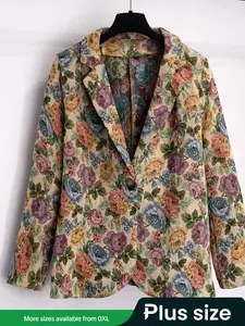 Plus Size Women's Jacquard Long Sleeve Vintage Blazer Coat, Comfortable Elegant Design, Perfect for Fall & Winter Fashion