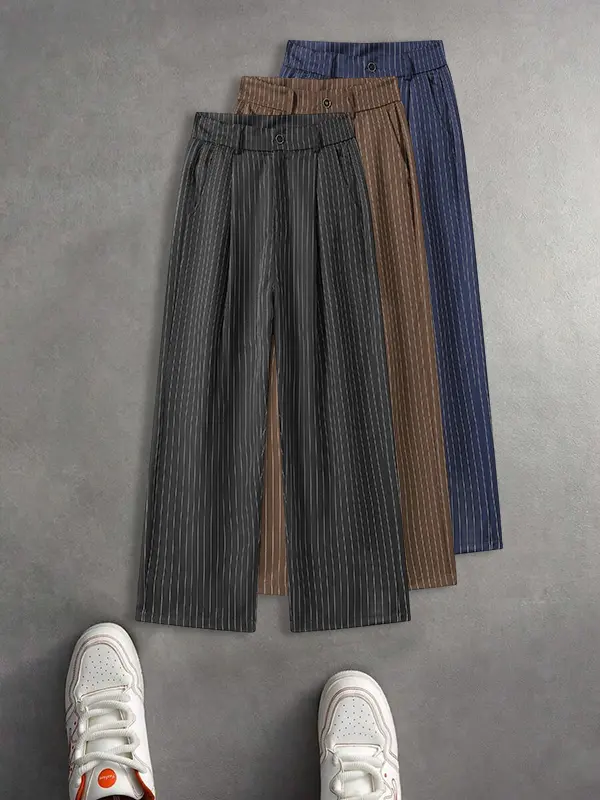 Men’s striped wide-leg long pants multipack, all-season loose casual versatile vertical stripe everyday long trousers