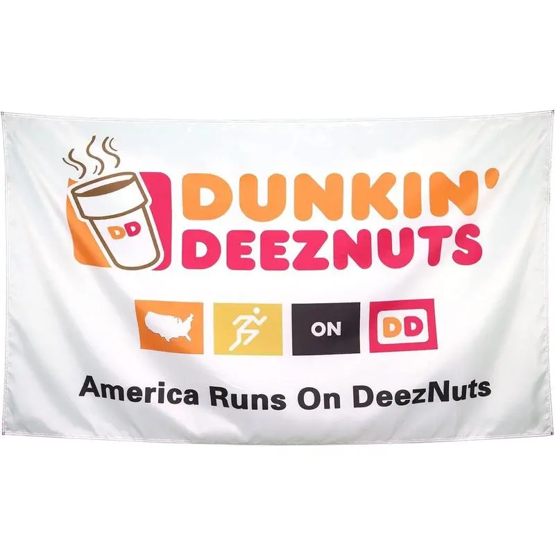 Dunkin' Deez Nuts Coffee Meme Backdrop Tapestry, 3x5Ft Flag Banner, Tapestry Wall Hanging, Funny Flags for Room Decor - College Dorm, Man Cave White Ornaments