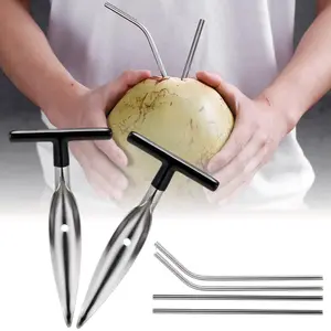 2 Pieces Coconut Knife Tool with 4 Pieces Straws Stainless Steel Coconut Opener for Fresh Green Young Coconut Water - Works with Peeled Thai Young White Coconuts - Open in Seconds Super Safe Easy and Fast