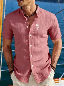Men's Cotton Linen Texture Coconut Tree Print Stand Collar Short Sleeve Shirt, Ideal for Yacht Lovers, Beach Vacations, Daily Commute