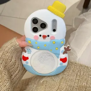 Cute 3D Snowman Silicone Phone Case Protector with Flowing Sand For iPhone 17 16 15 14 13 Pro Max Shockproof Cover