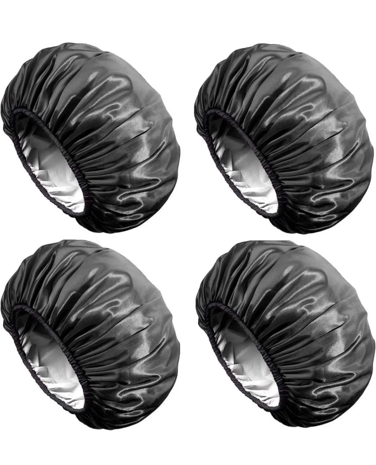 Adult Satin Fabric Synthetic Elastic Washable Shower Cap Set - 4-Pack All Black Double-Layer EVA Waterproof Bathroom Accessory for Long Hair, Hair Protection