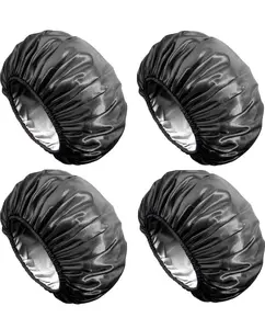 Shower Cap, Extra Large Shower Cap for Men, Satin EVA Double Layer Waterproof Reusable Hair Cap for Women Long Hair(All Black 4 Pack) satin silk