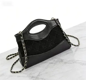 Black Quilted Suede Patchwork Top Handle Bag, Dual Use Metal Chain Crossbody Purse, Vintage Luxury Handbag for Mountain Travel & Elegant OOTD