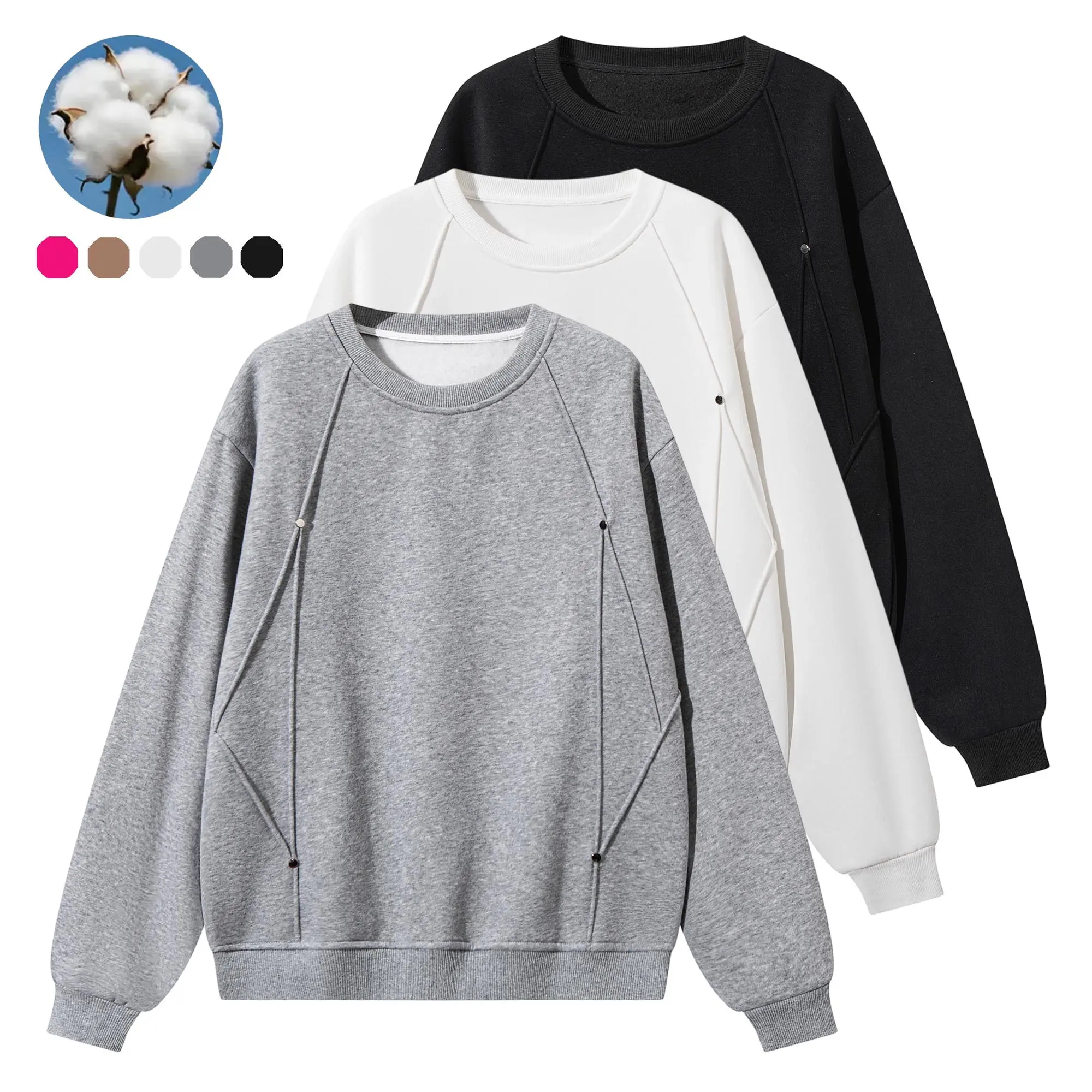 EKF men's cotton loose crewneck pullover sweatshirt, geometric split design, metal stud accents, soft knit fabric