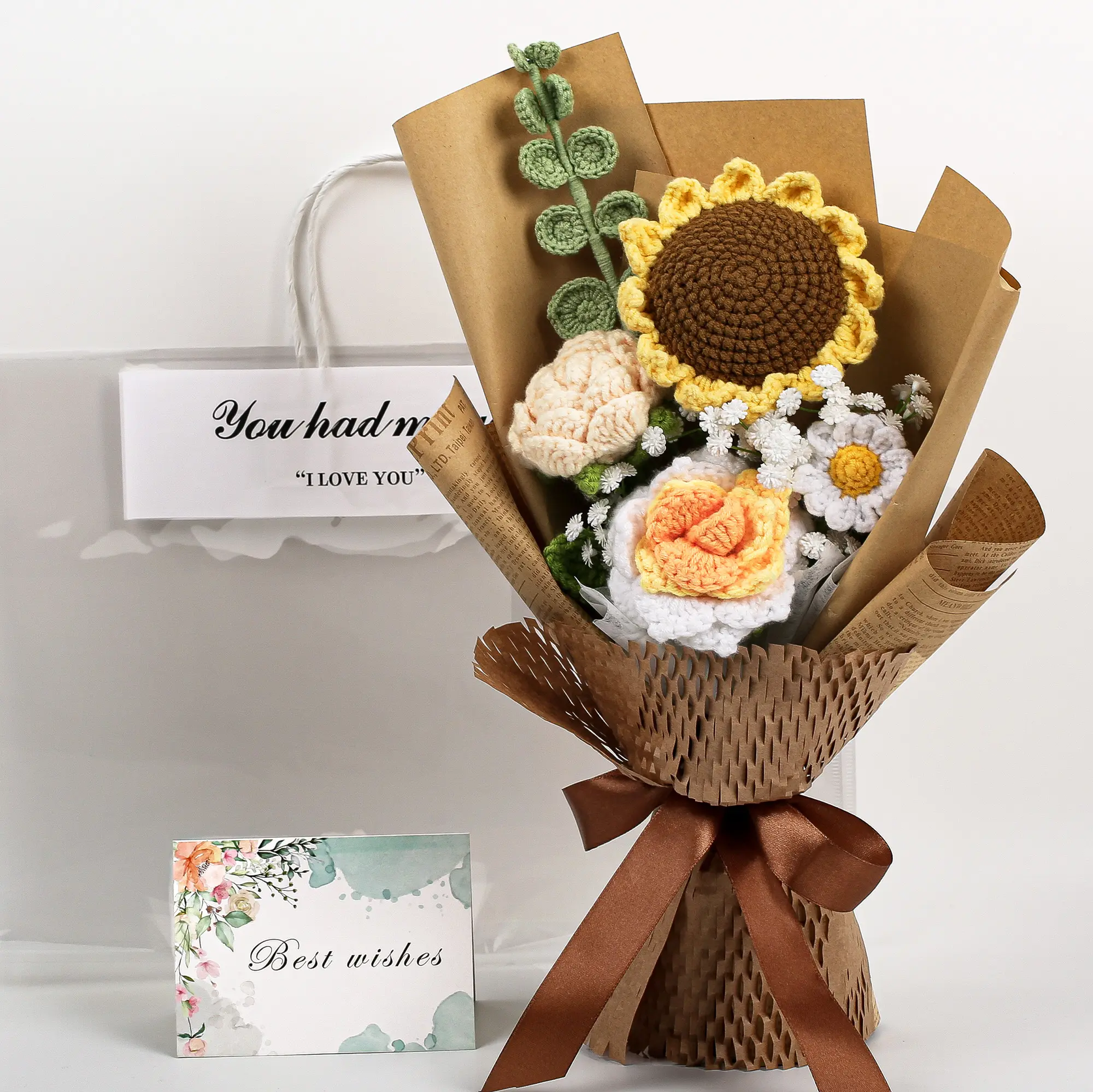 Elegant Handmade Crocheted Blue Artificial Flowers Bouquet Set - Light Blue Synthetic Rose, Tulip, Sunflower, Greeting Card, Gift Bag - Long-Lasting Decorative Floral Decor Centerpiece for Mother's Day, Anniversary