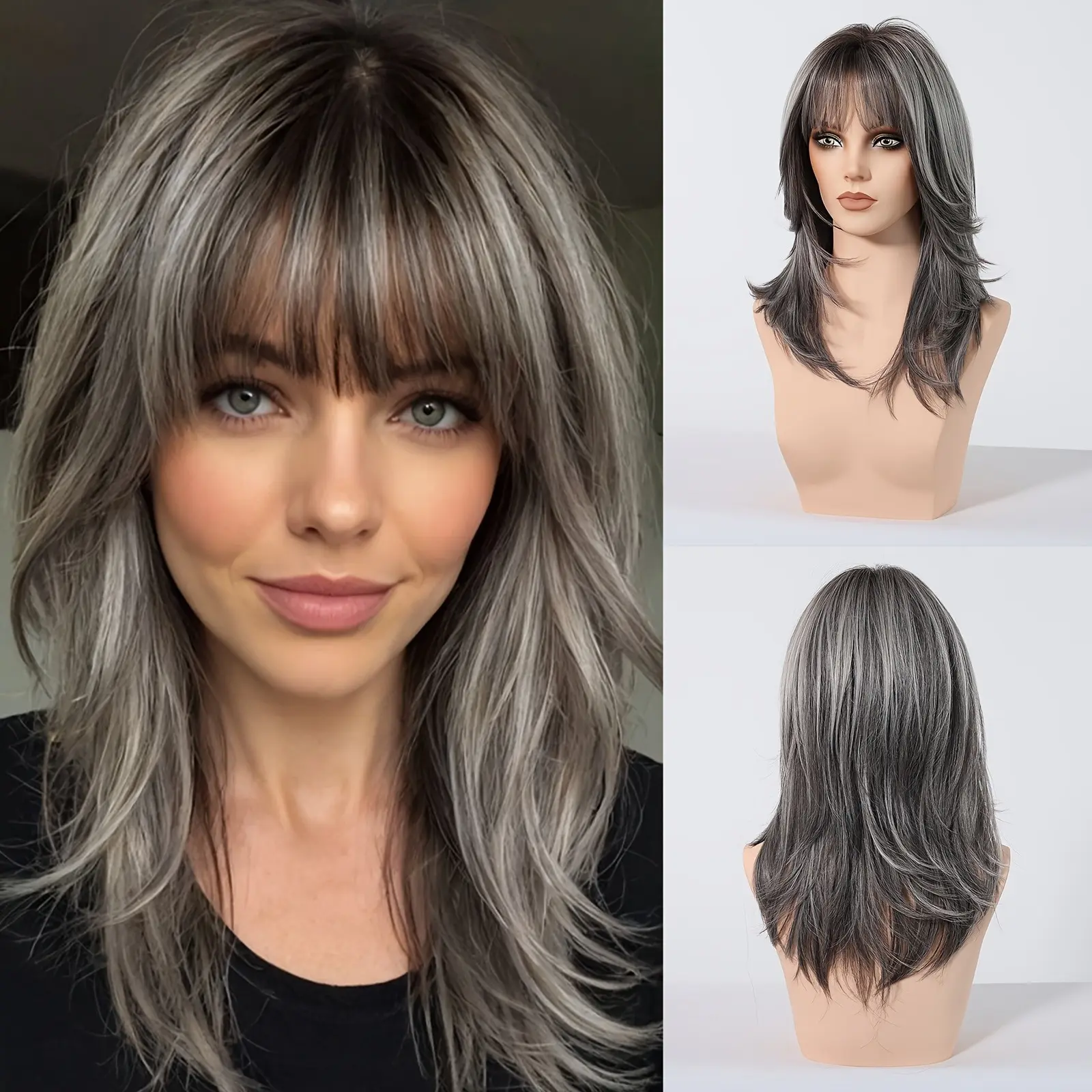 European and American fashion Ruili wig female bangs slightly curly medium-length wig high-temperature wire full head cover