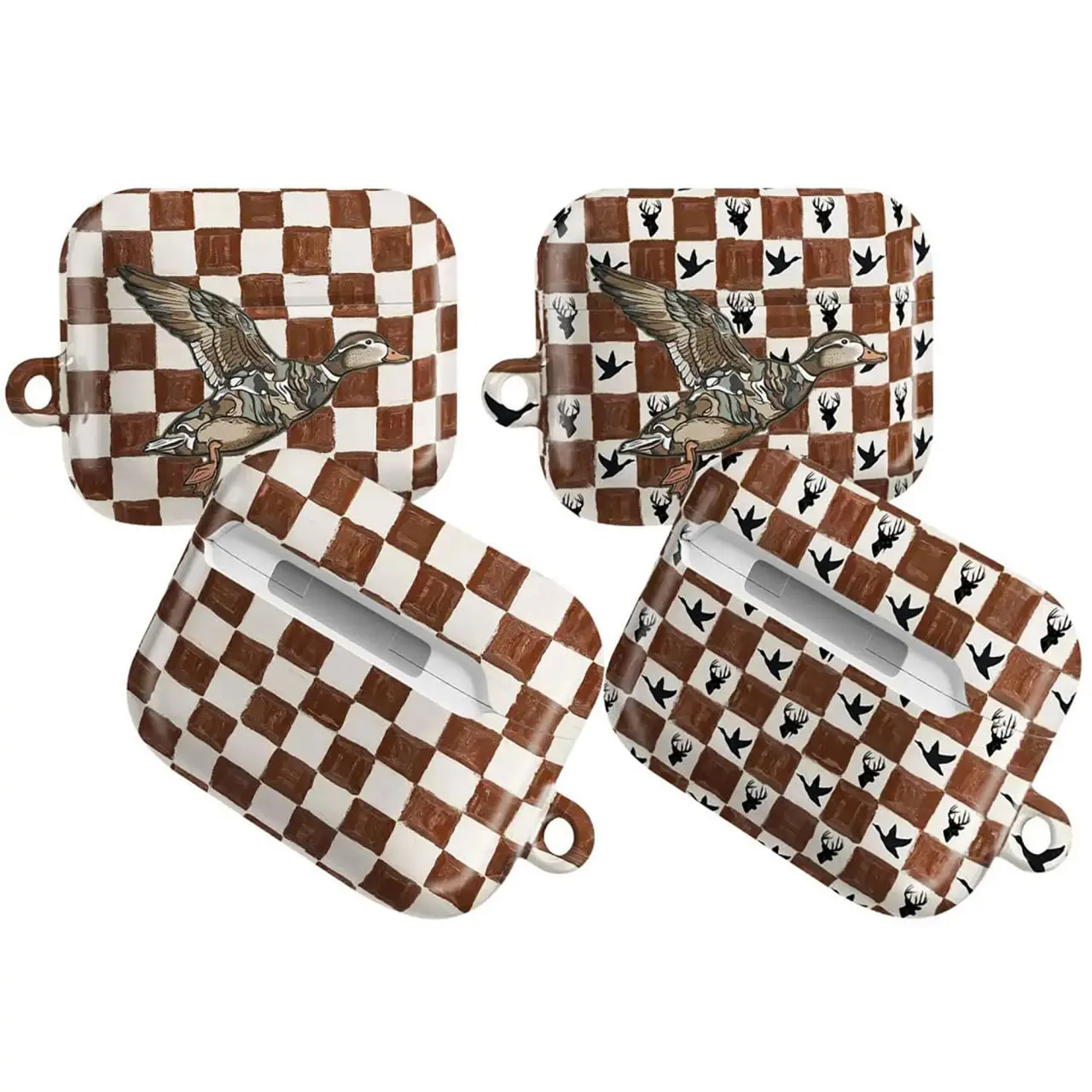 Flying Duck Checkered AirPods Case - Rustic Brown & White Pattern with Nature Icons Cover for AirPods 1-4 and AirPods Pro Case, Shockproof Protective Sleeve for AirPods