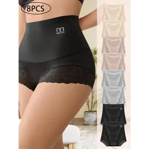 QUASTI 8-Pack High-Waist Tummy Control Panties - Full-Coverage Seamless Briefs with Lace Cuffs, Breathable Stretch Fabric for All-Day Shaping Comfort Black Elegant