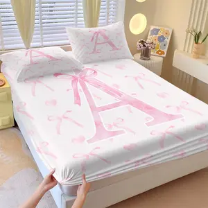 Fashionable Sweet Girl Pink Bow and Letter Print 3-Piece Fitted Sheet Set, Including 2 Coreless Pillowcases, Strong Wrapping, Comfortable and Soft, Fashionable and Warm Bedding Set Gift, for Children, Girls and Teenagers Bedroom Decoration Bedsheet Sets