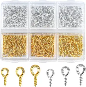 Screw Eye Pins with Box (4 colors mixed, 400 pieces per box),Small Eyelets Screws, Stainless Steel Screw Hooks, Ring Eye Screws, Eye Hooks for Decoration Display & Hanging (Gold,Sliver)