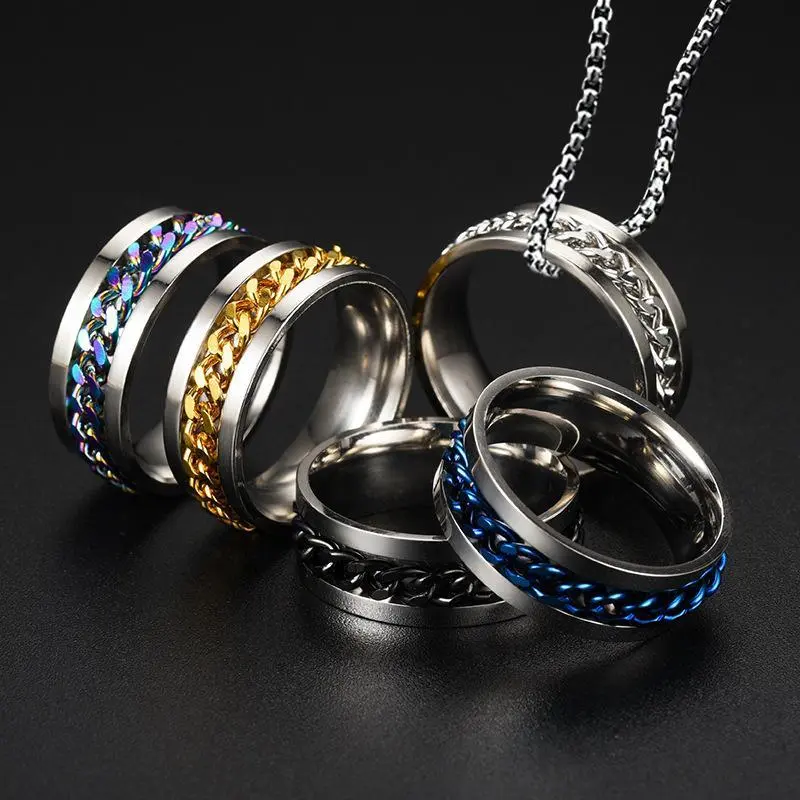 Men's Statement Fashion Ring with Intricate Chain Link Detail, Polished Stainless Steel Streetwear Band, Fashion Rings