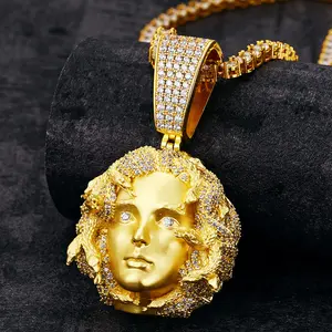 Real Gold Plated Medusa Pendant Necklace, Iced Out Micro Pave CZ Snake Head Chain, Dark Mythology Inspired Power Jewelry, Bold Chunky Hip Hop Statement Necklace, Gothic Streetwear Bling Chain, Protective Talisman Amulet for Men & Women, Party Club Fashion