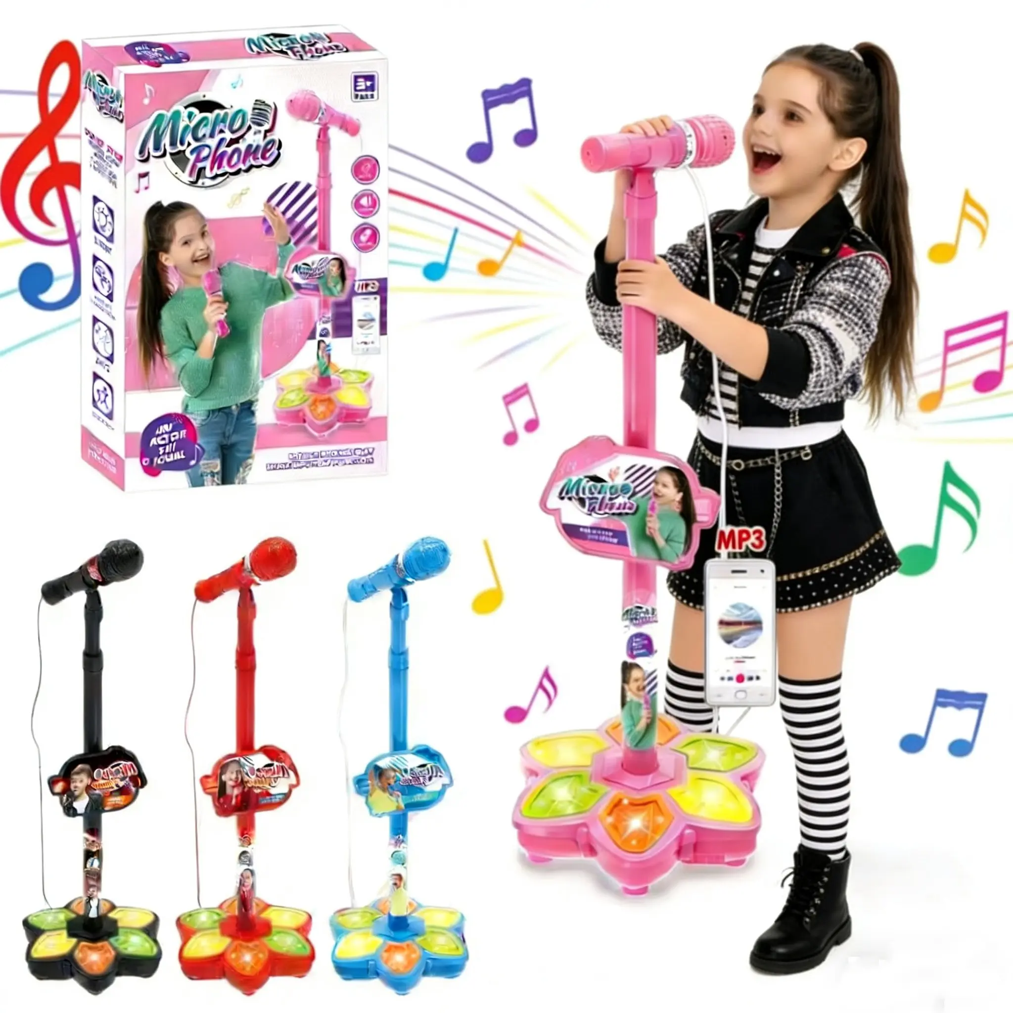 Kids Karaoke Machine with Stand, Toddler Karaoke Machine, Kids Singing Machine, Karaoke Machine, Karaoke Machine with Music and Flashing Stage Lights, Kids Microphone Toy with Stand, Adjustable Stand, Suitable for Children 3 Years and Up, Christmas Gift