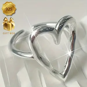 1pc Elegant 925 Sterling Silver Hollow Heart Adjustable Ring for Women - Allergy-Free, Versatile for Daily Wear & Gifting, Simple Style, Year-Round Fashion Jewelry