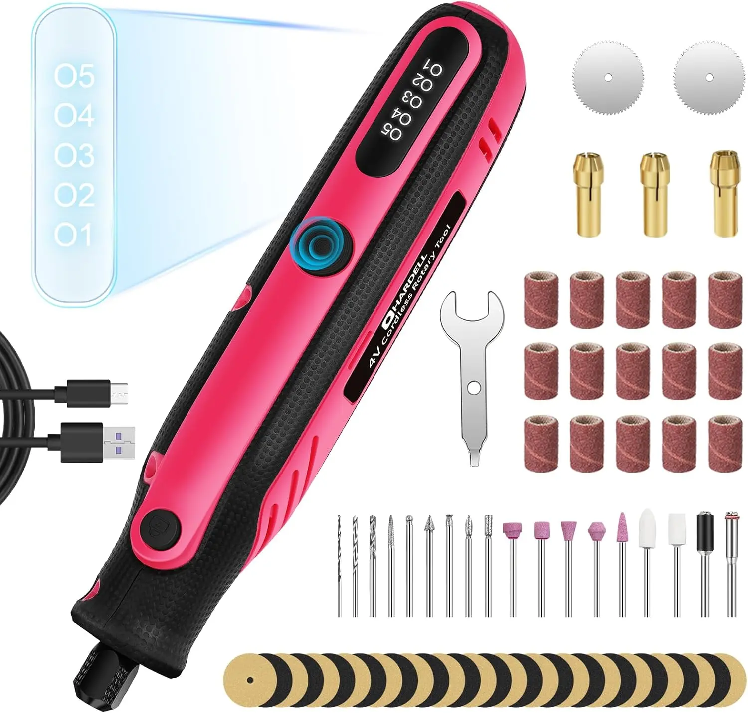 HARDELL Cordless Mini Rotary Tool Kit DIY Craft Tool Set for Sanding Polishing Drilling Carving Grinding USB Type-C Rechargeable LED Light Handheld Power Tool for Home Repair Creative Hobby Starter Kit