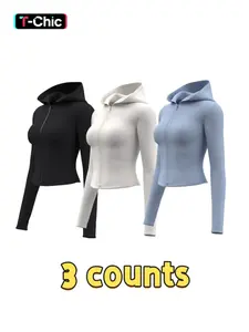 Women's Solid Zip Up Hooded, Sporty Long Sleeve Thumb Hole Outerwear, Stretchable Activewear for Yoga Gym Workout, Ladies Sportswear for All Seasons Yoga Jacket Top