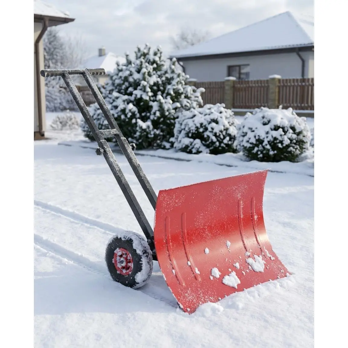 Heavy Duty Wheeled Snow Shovel - 36-in Metal Blade, 3-Level Height Adjustment, 6-Angle Adjustable Handle for Driveway, Commercial Outdoor Use