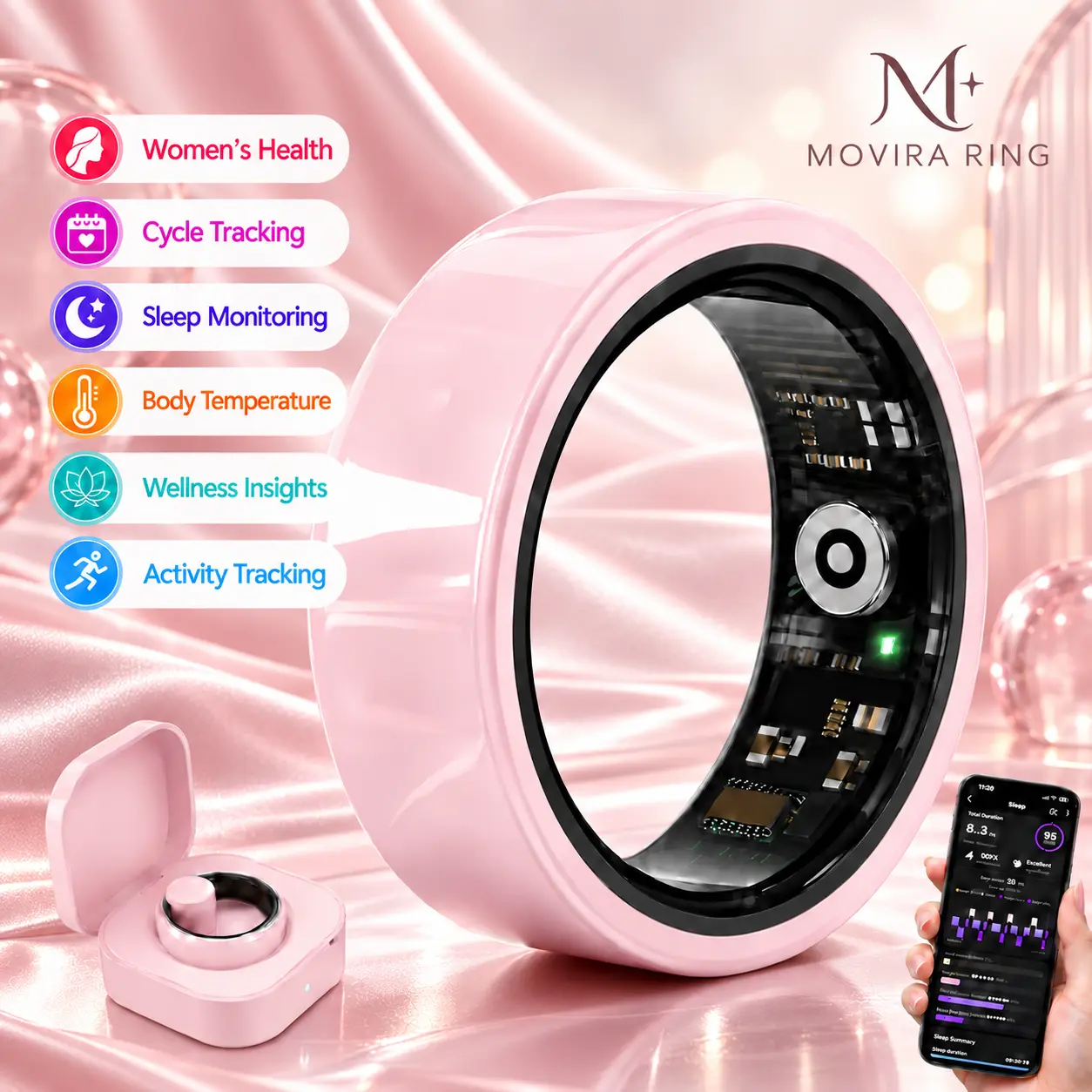 Jewelry-Inspired Pink Ceramic Smart Ring for Women by Movira, Heart Rate, Sleep, Blood Oxygen, Stress & Cycle Tracking, Body Temperature, Multiple Sports Modes, IP68 Water Resistant, Charging Case, Free App, No Subscription, Compatible with iOS & Android