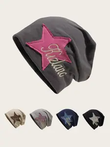 Star Patched Letter Embroidery Beanie Hat, Beanies, Cute Beanie Hat for Women & Men, Fashion Accessories for Daily Wear, Trendy All-match & Exquisite Hat for Birthday Gift