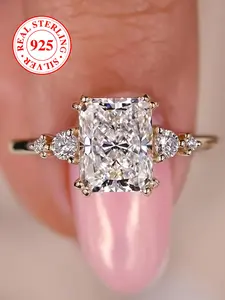 S925 Sterling Silver Rectangular Cubic Zirconia Ring, Elegant Sparkling Wedding Ring, Elegant Engagement Ring, Stylish Jewelry Gift for Women & Girls
