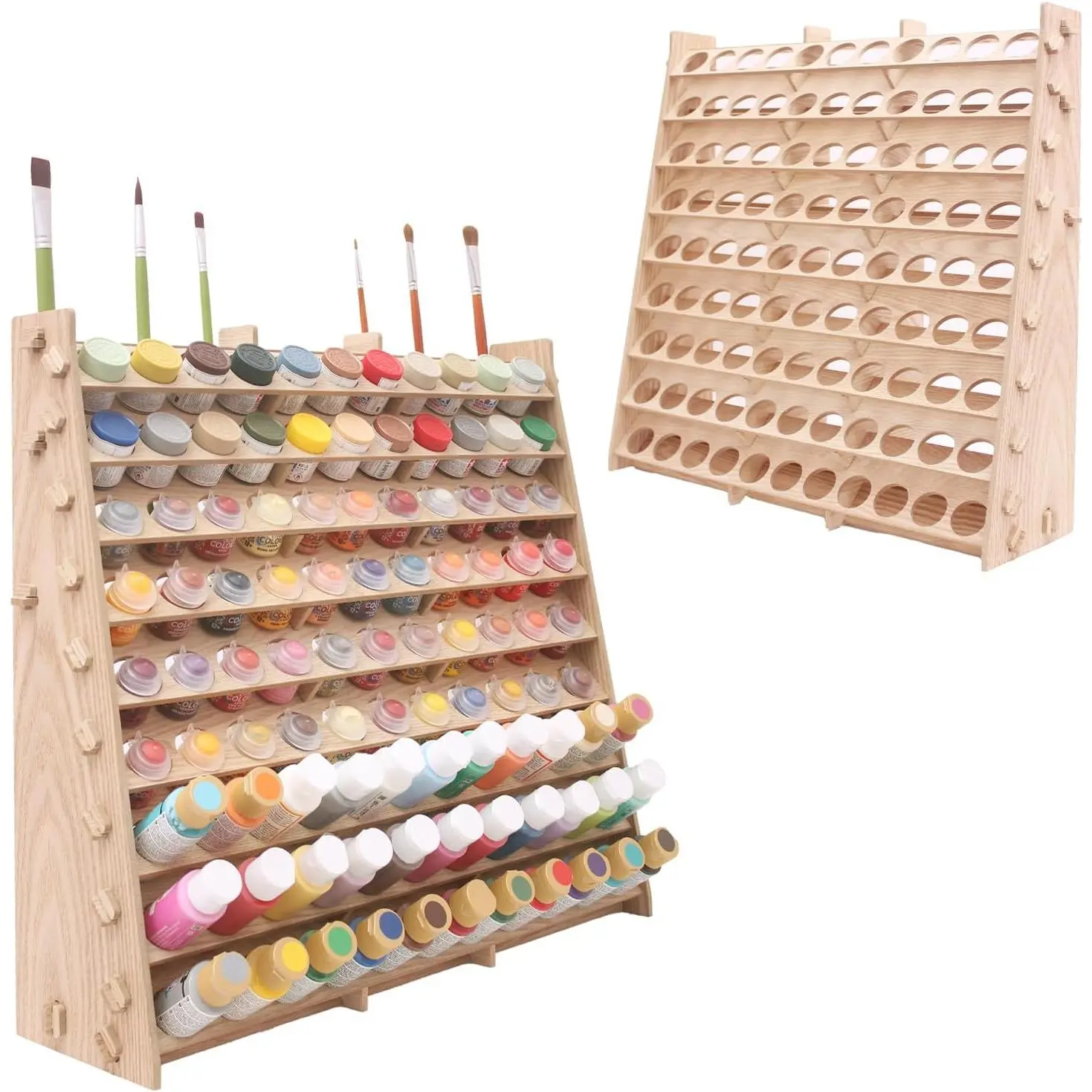 Wooden Paint Organizer and Brush Rack, 9-Tier Vertical Desk Stand for Artists, Holds 99 Bottles for Crafts & Hobbies, Quick Access Design, 9Tier Quick Access, Vertical Rack, Brushes Stay Sorted, Cabinet-Rack