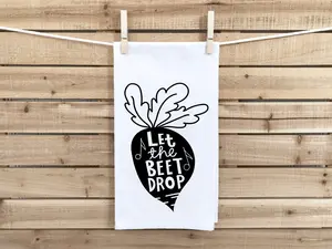Let the Beet Drop Flour Sack Kitchen Towel with Hanging Loop Funny Vegetable Pun Cute Farmhouse Dish Cloth Housewarming Hostess Mothers Day