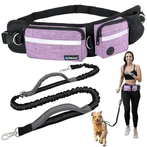 Hands Free Dog Leash, Dog Running Leash Belt Bag for Walking, Jogging, Dog Waist Double Zipper Pouch with Poop Bag Dispenser, Dual Padded Handles Reflective Bungee Leash, Single Turquoise