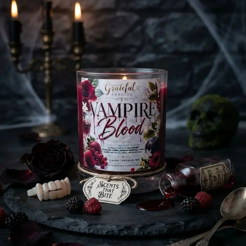 Vampire Blood Scented Candle, Gothic Decor for Halloween, Small Jar Candle with Dripping Wax Effect