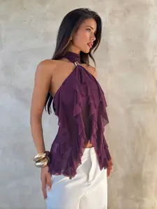 INAWLY  Women's Elegant Multi-Layer Ruffle Trim Stand Collar Fitted Tank Top Purple