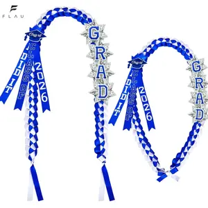 Class of 2026 Graduation Ribbon Lei, Blue White Braided Graduation Necklace with "GRAD" & "I DID IT" Details, Graduation Party Accessory for 2026 Grads