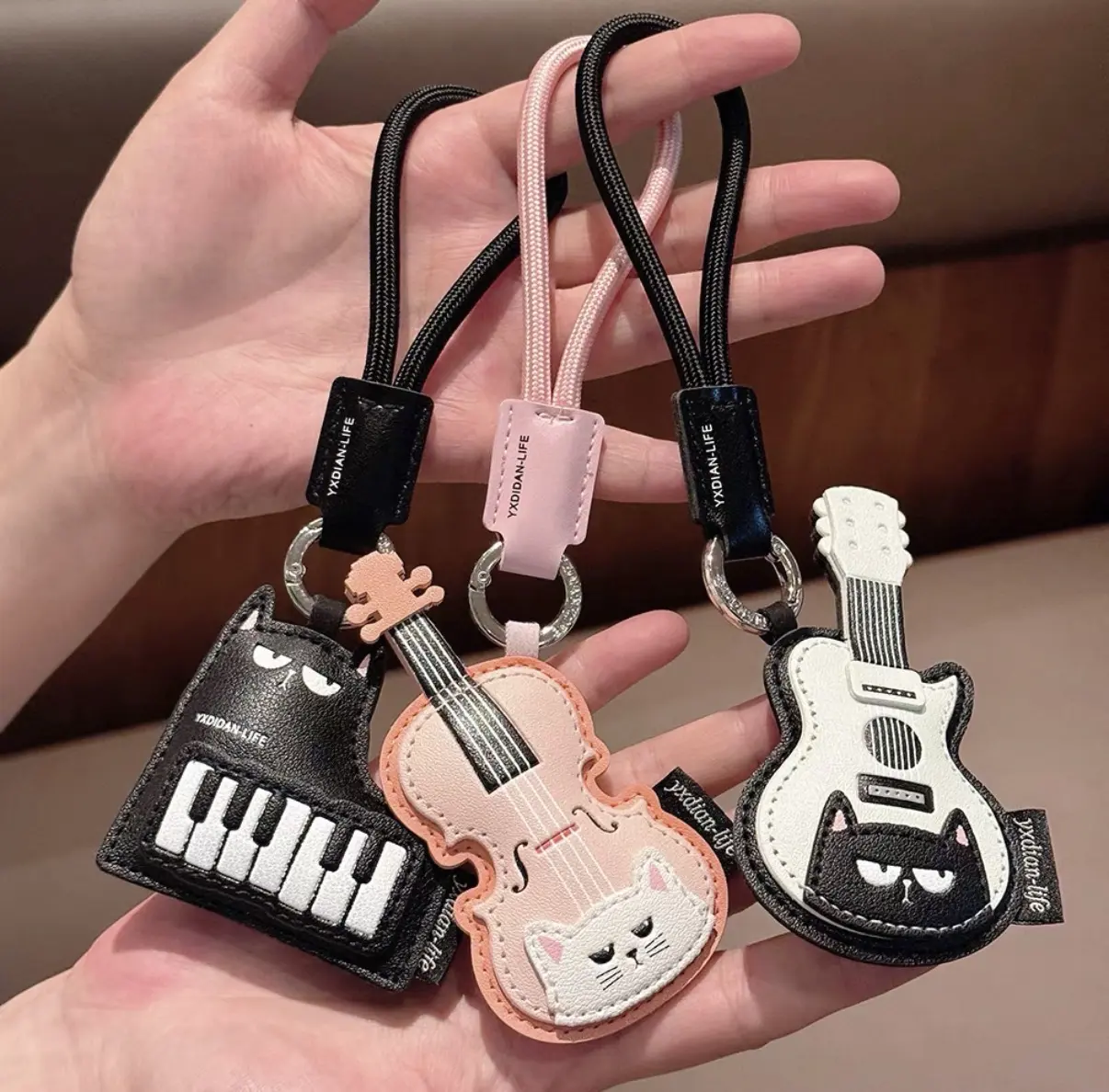 Instrument Leather Keychain with Cute Cat Face - Pink Leather Violin Keychain, Black Cat Piano Keychain, White Guitar Leather Keychain, Leather Bag Charms, bag charm gift for musicians