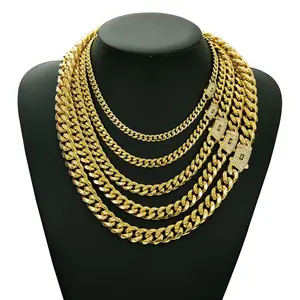 Hip Hop Retro Gold Statement Chain, 6mm-14mm Round Grinding Encrypted Titanium Steel Cuban Chunky Chain, Zircon Spring Buckle
