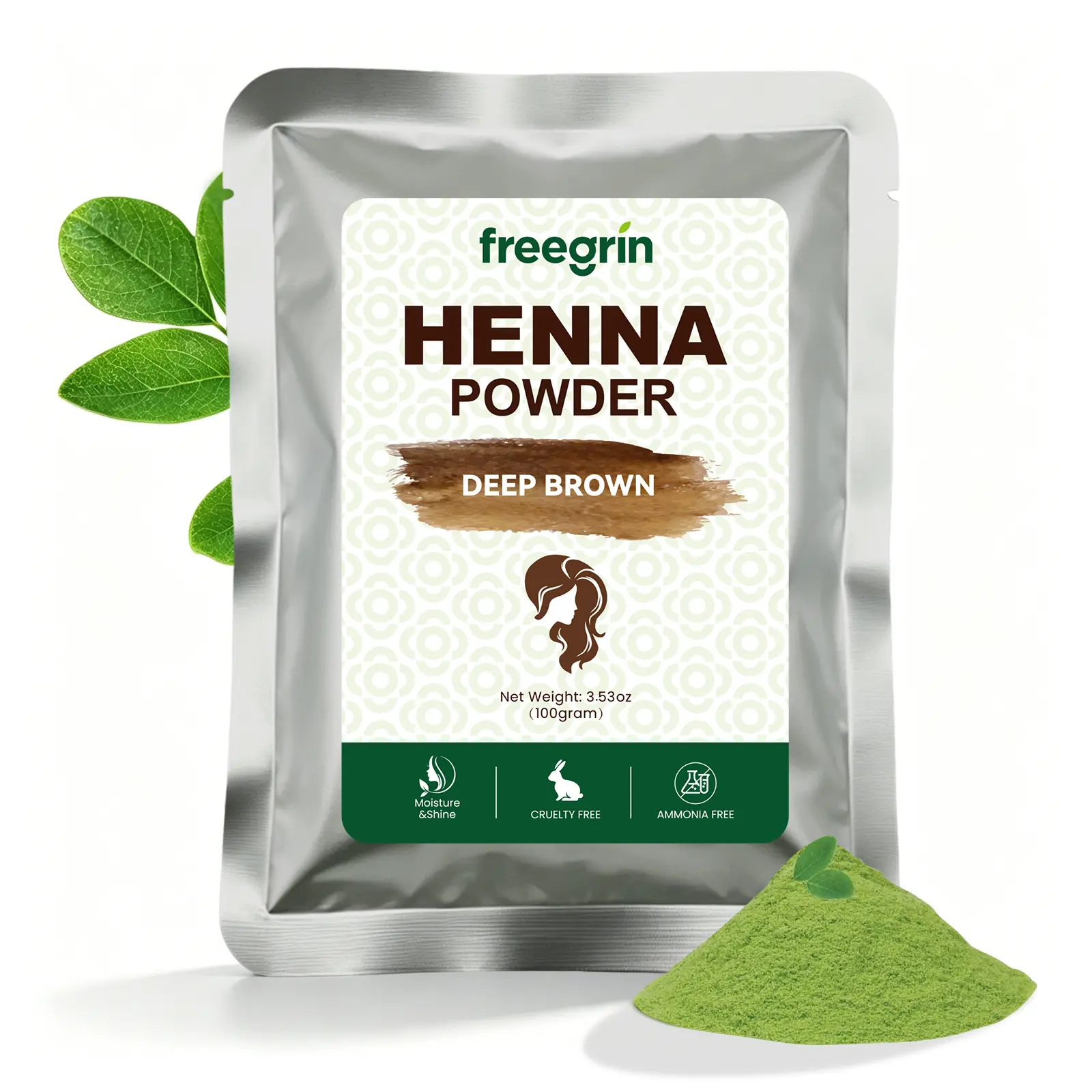 freegrin Henna Hair Color Powder, Ammonia-Free Plant Dye for Long-Lasting Gray Coverage, Gentle Daily Haircare for Frizzy Hair, 100g, Glossy, Mild