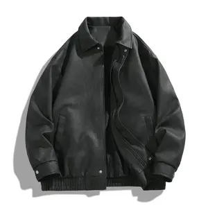 Vintage Oversized Straight Men Structured Leather Biker Jacket, Zip Up Bomber Barn Detroit Aviator Pilot Streetwear Jacket, Winter Spring Layering Outfit Men's Wear Trendy Outerwear
